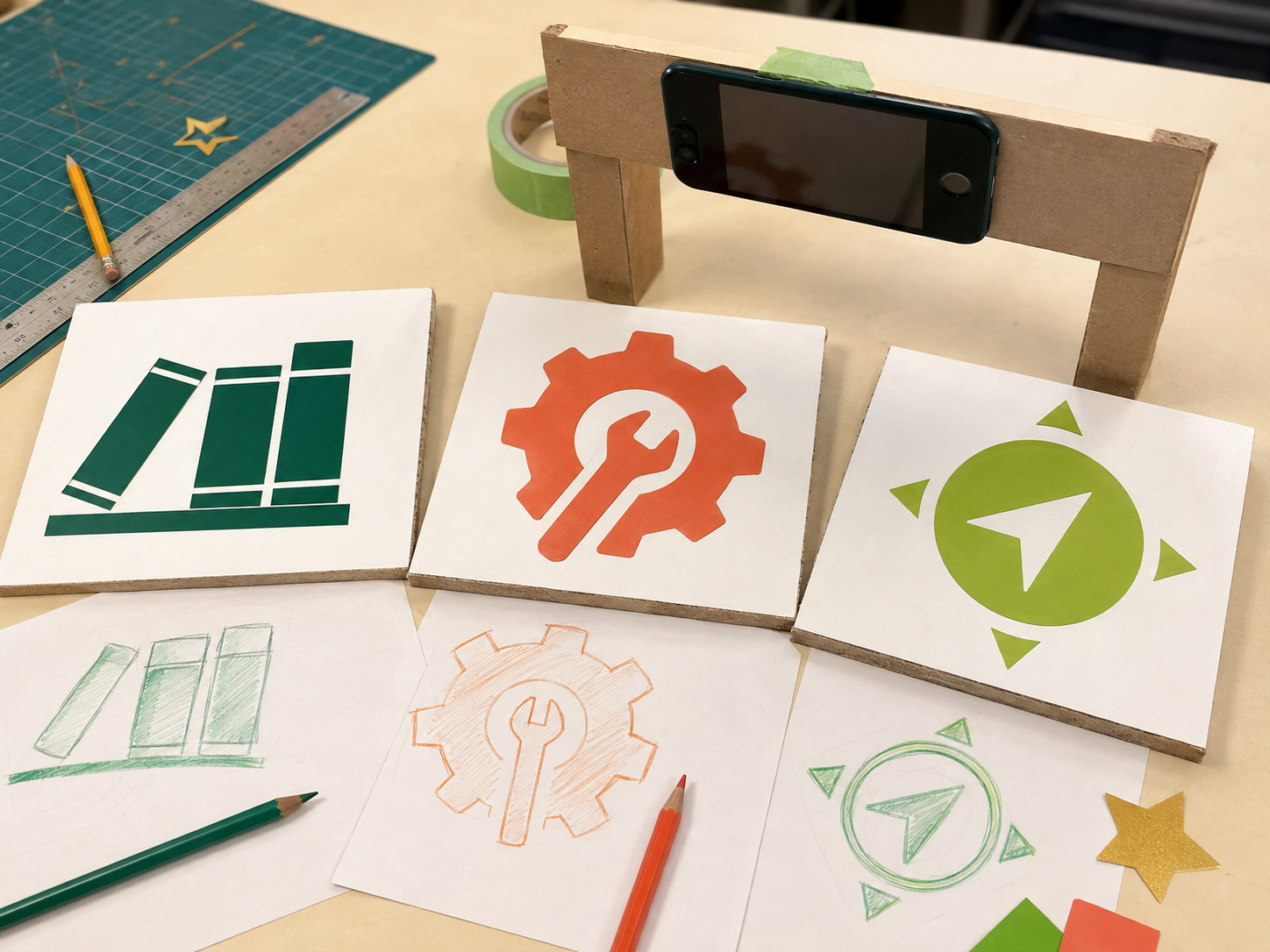 Student examples of simple colorful vinyl wayfinding signs and icon sketches