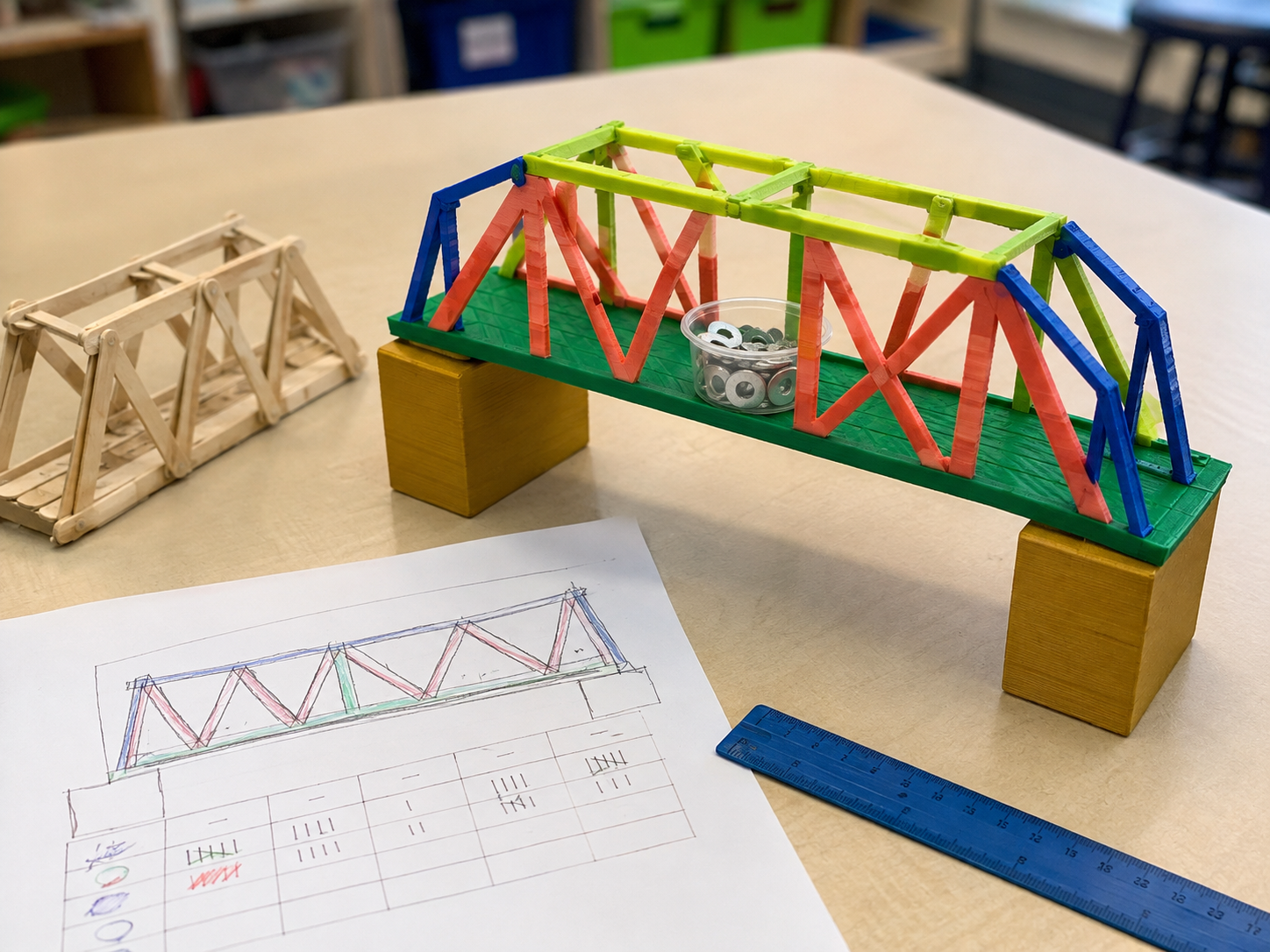 Student example of a colorful 3D-printed truss bridge being tested with weights