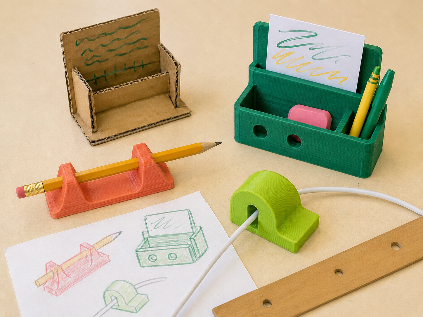 Student examples of three colorful 3D-printed desk tools next to a cardboard prototype