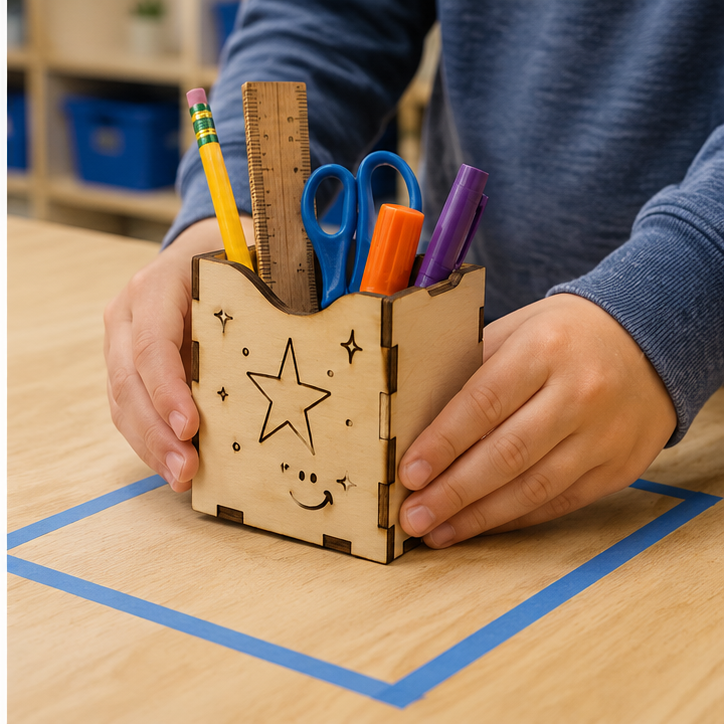 Student carrying and setting down the same loaded pencil caddy