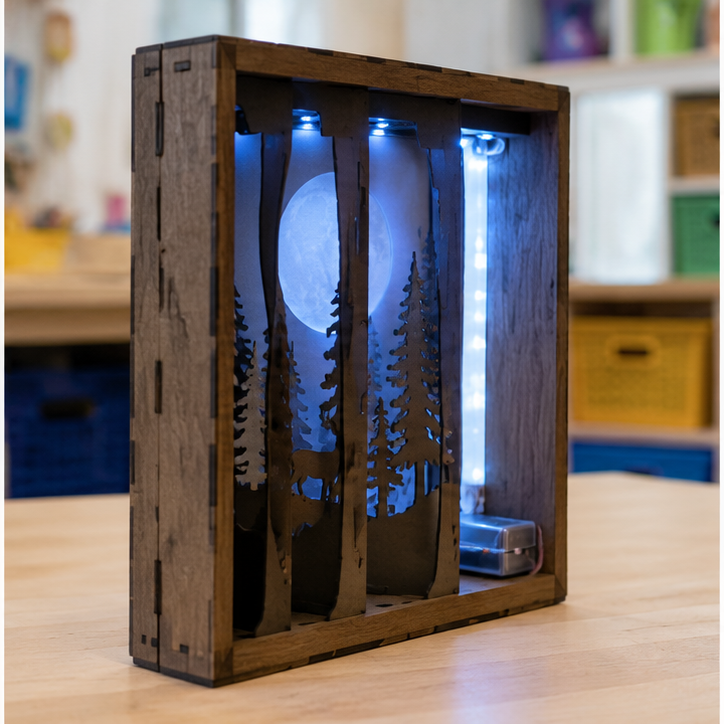 Side view showing the same scene's separated silhouette layers and cool LED