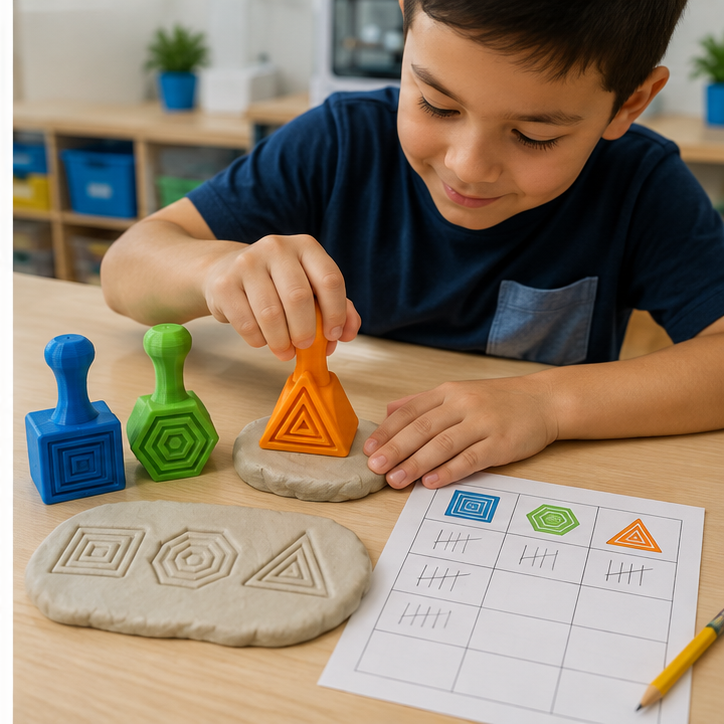 Students testing and recording results for Shape Stamp Set