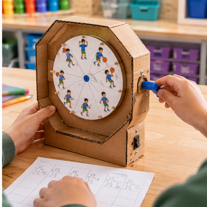 Students testing and recording results for Spinning Story Toy